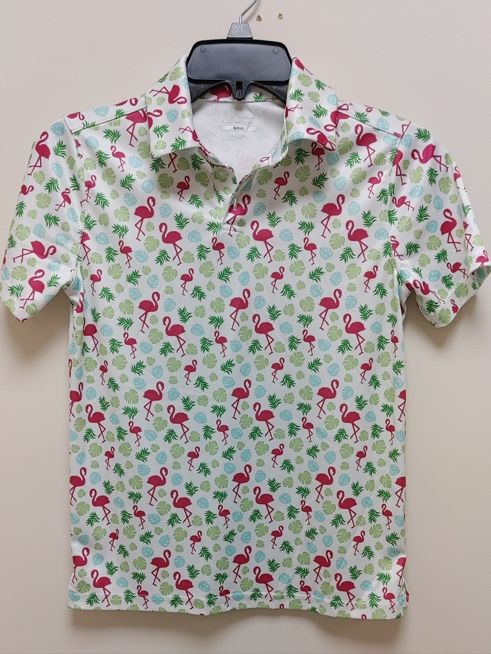 bcg Boys Sizez 10-12 Flamingo Print Short Sleeve Golf Polo- White/Pink